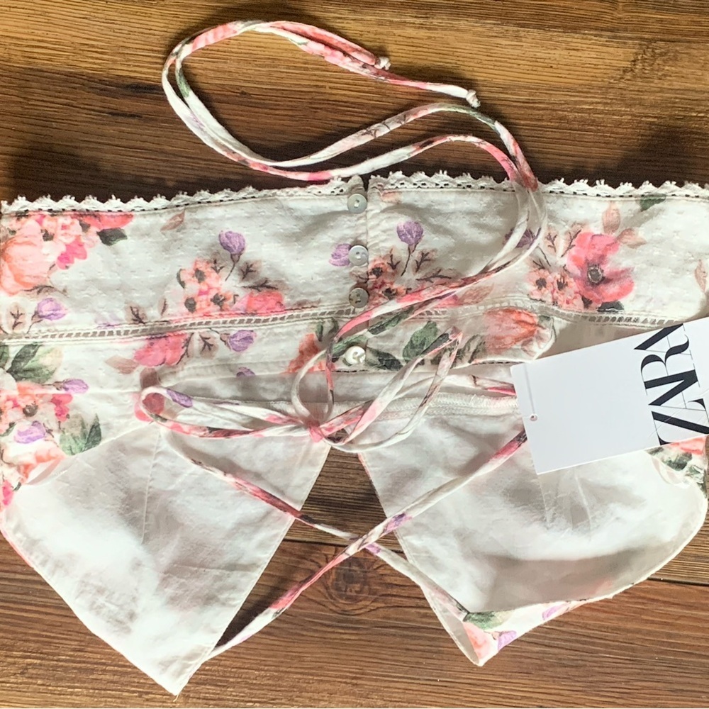 Zara Floral Crisscross Cropped Tie Back crop corset Sz M Wmns NWT - Picture 6 of 9
